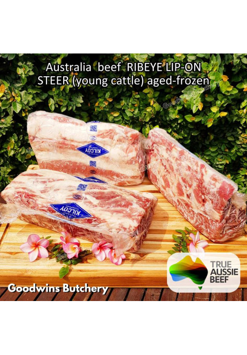 Beef Ribeye lip-on Australia STEER (young cattle) aged-frozen Kilcoy 640 Diamond WHOLE CUTS +/- 5 kg/pc (price/kg) Scotch-Fillet Cuberoll